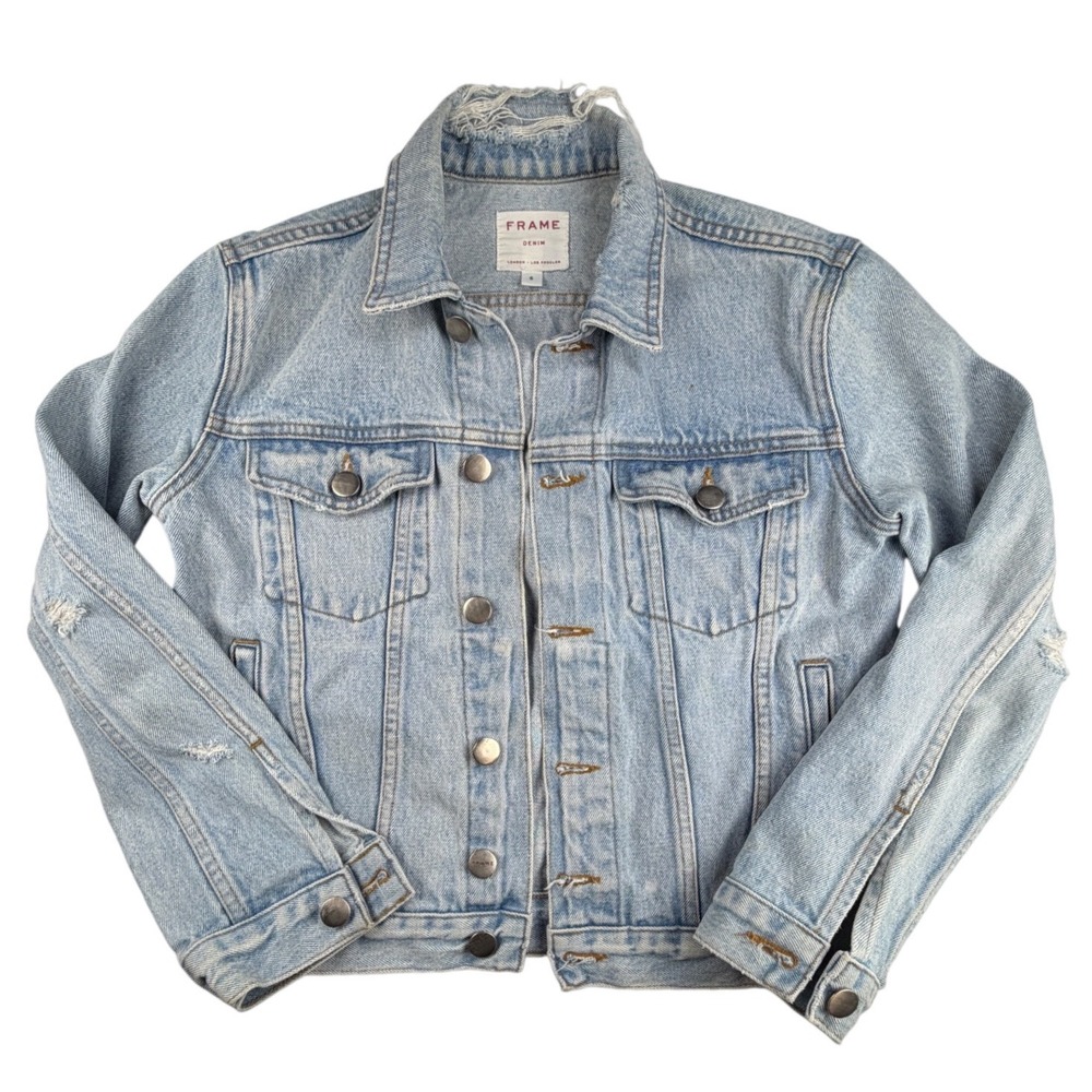 FRAME Denim Womens Light Wash Distressed Raw Edge Denim Trucker Jacket Small